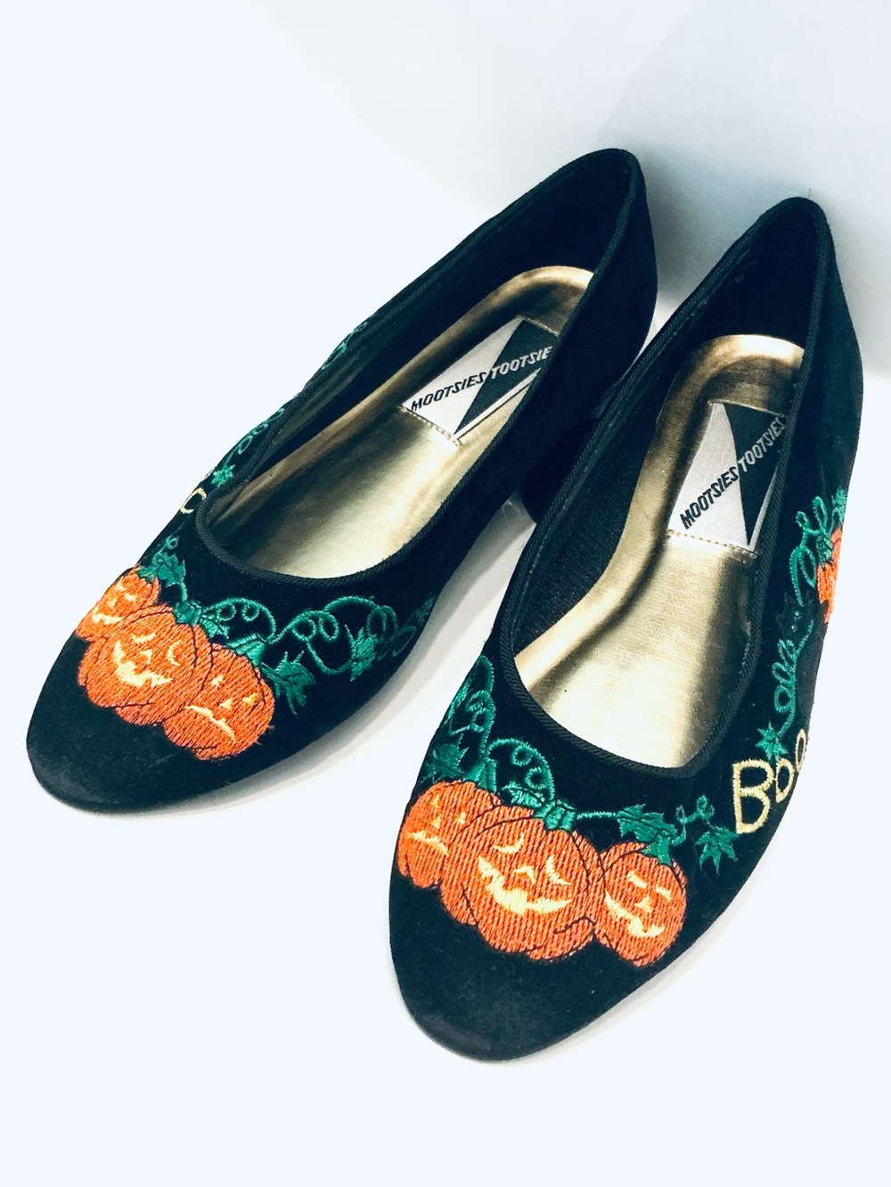 MOOTSIES TOOTSIES, Vtg 90s Blk Velvet Ballet Flats Shoes Halloween Pumpkin, Sz 8